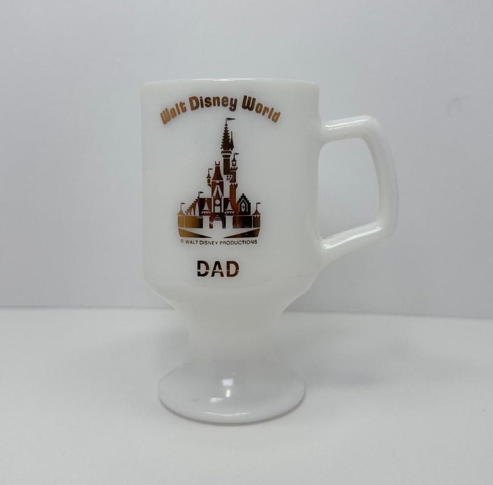 Walt Disney World Dad White Milk Glass Footed Mug Gold Design Vintage Disney